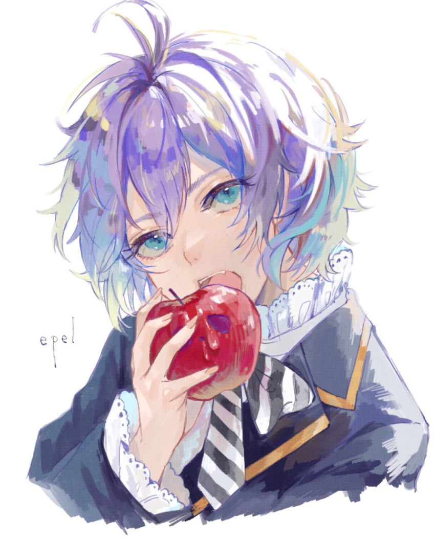 1boy androgynous apple blue_eyes blue_hair bow eating epel_felmier food fruit gr_7 highres long_sleeves looking_to_the_side multicolored_hair necktie pale_skin purple_hair ribbon solo striped_necktie twisted_wonderland