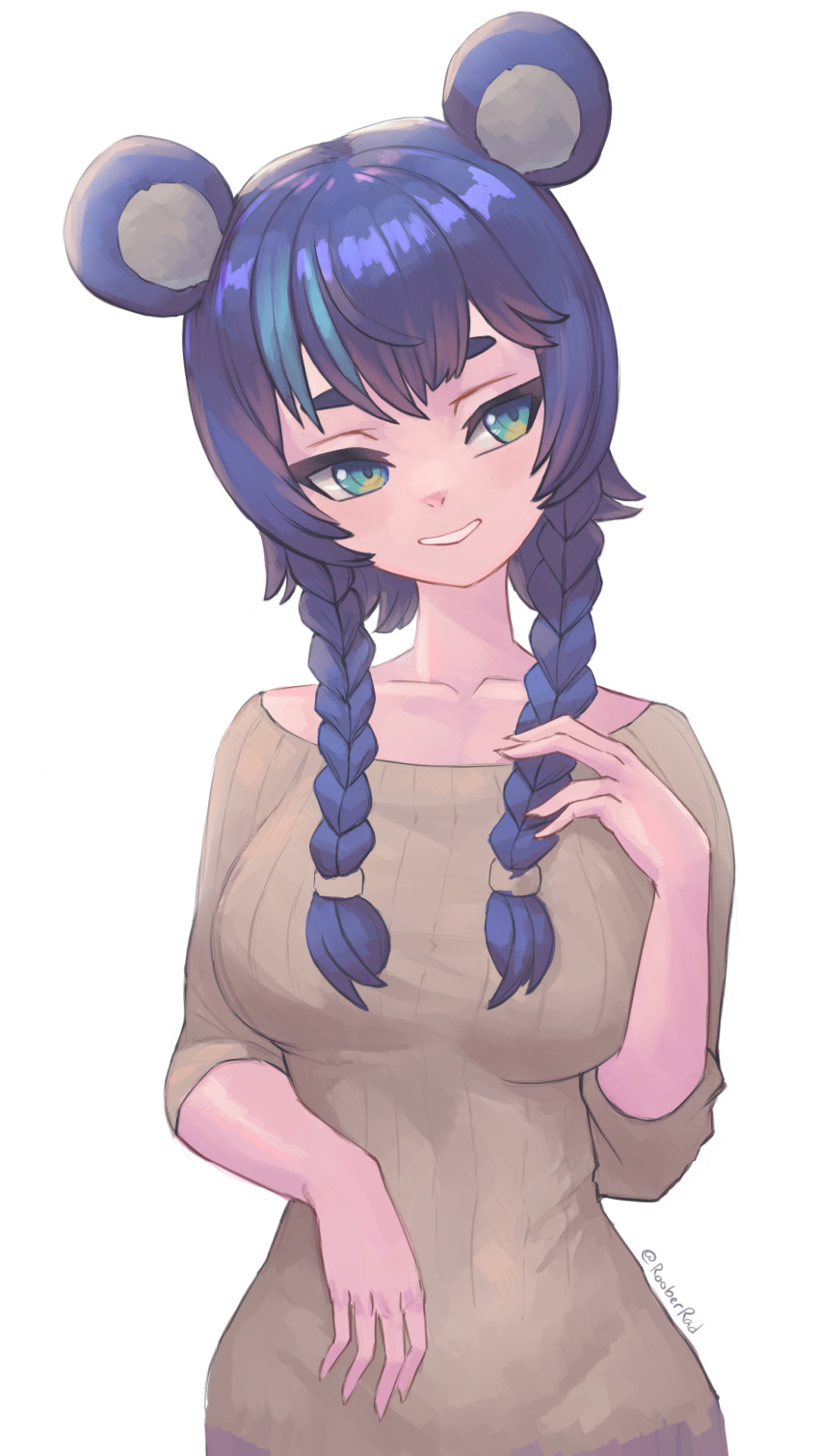 1girl absurdres animal_ears bear_ears bear_girl blue_eyes blue_hair blush breasts brown_sweater collarbone fujikura_uruka head_tilt highres long_hair medium_breasts parted_lips phase_connect ribbed_sweater roober smile solo sweater twitter_username upper_body virtual_youtuber white_background