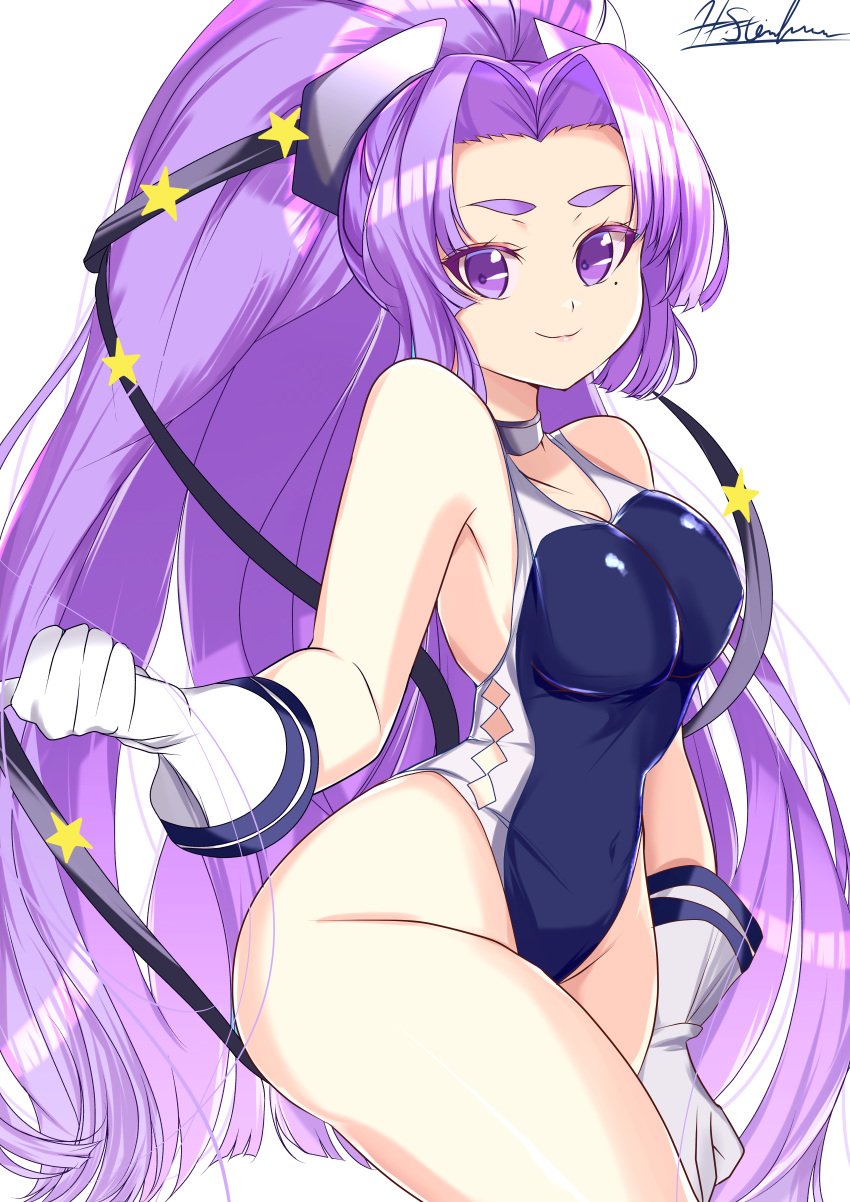 absurdres alternate_breast_size alternate_costume black_swimsuit breasts choker competition_swimsuit cosplay gloves hair_ornament hair_ribbon hatsuharu_(kancolle) headgear highleg highleg_swimsuit highres kantai_collection long_hair matsurika_(harusutain) medium_breasts one-piece_swimsuit ponytail purple_eyes purple_hair ribbon scamp_(kancolle) scamp_(kancolle)_(cosplay) short_eyebrows simple_background star_(symbol) star_hair_ornament swimsuit white_background white_gloves