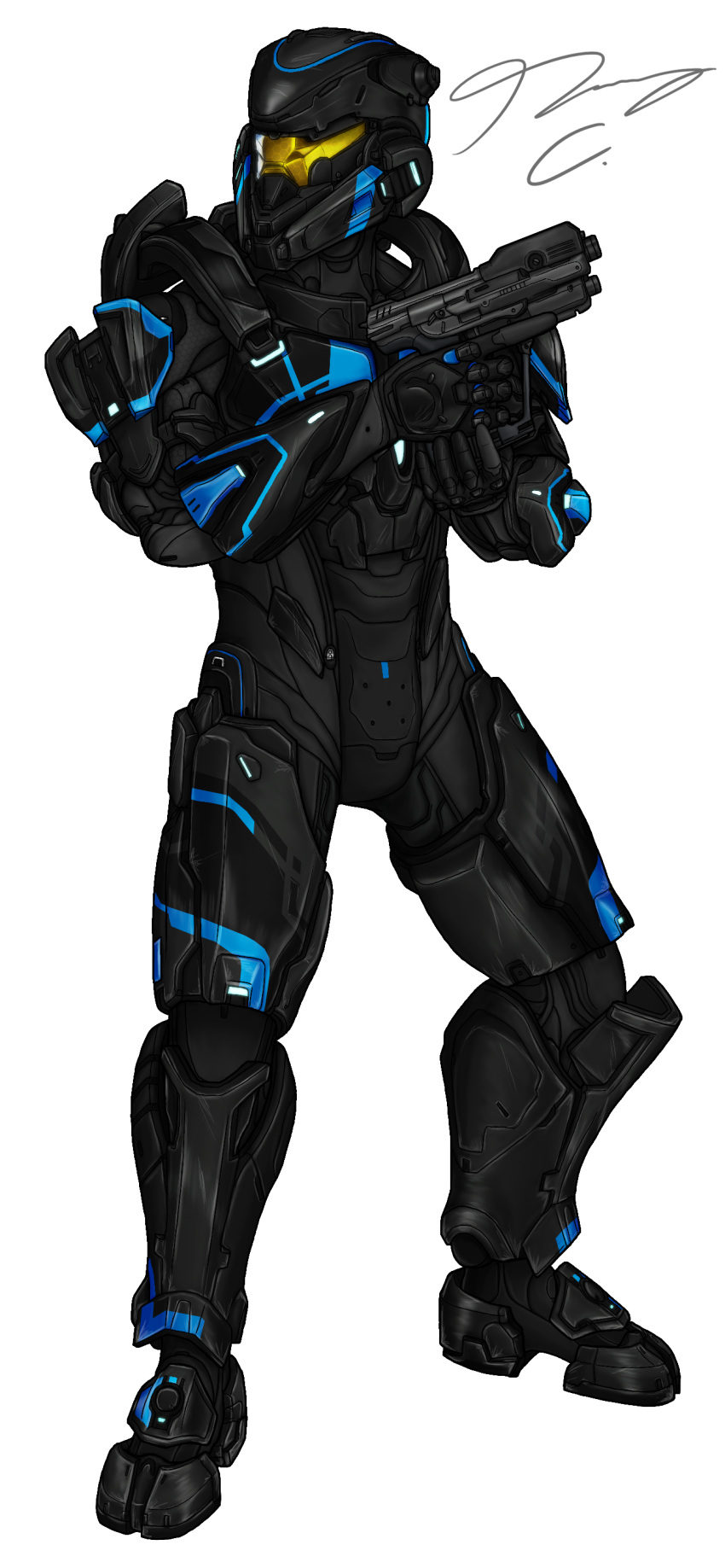 1boy absurdres commission english_commentary gun halo_(series) halo_5:_guardians helmet highres holding holding_gun holding_weapon looking_to_the_side m6d pickledgear power_armor science_fiction signature solo spartan_(halo) visor weapon white_background