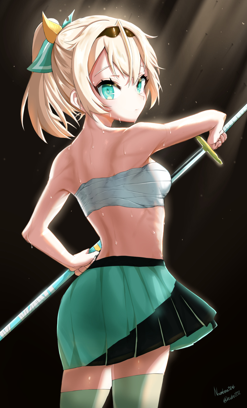 1girl absurdres backlighting bangs bare_shoulders blonde_hair breasts chest_sarashi drawing_sword from_behind green_eyes highres holding holding_sword holding_weapon hololive kazama_iroha light_particles light_rays looking_back midriff midriff_sarashi ponytail sarashi skirt small_breasts sweat sword turning_head virtual_youtuber weapon wintre1131
