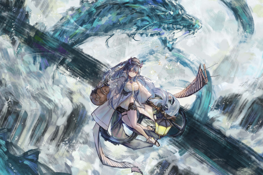 1girl absurdres ankle_boots arknights bare_shoulders black_shorts blue_hair boots braid breasts coat dragon dragon_girl dragon_horns dragon_tail highres horns lantern large_breasts ling_(arknights) long_hair long_sleeves looking_at_viewer midair multicolored_hair necktie open_clothes open_coat parted_lips realpha shirt short_shorts shorts solo streaked_hair tail thigh_strap two-tone_hair very_long_hair water waterfall white_coat white_footwear white_hair white_shirt wide_shot wide_sleeves yellow_necktie