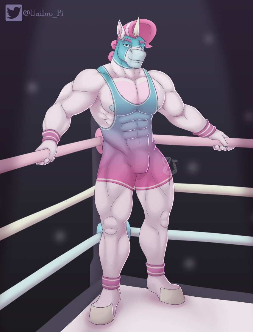 abs absurd_res anthro clothed clothing digital_media_(artwork) equid equine fighting_ring hair hi_res hooves horn male mammal mask muscular muscular_anthro muscular_male nipples pecs pink_hair simple_background solo sports_mask sportswear unibro_pi unibro_pi_(character) unicorn wrestler wrestling_mask wrestling_singlet