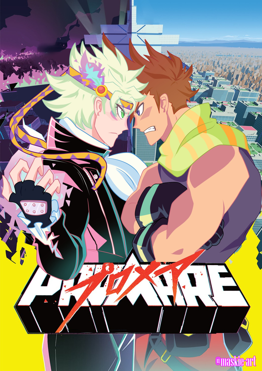 2boys absurdres ascot bare_shoulders battle_tendency black_jacket blonde_hair brown_hair caesar_anthonio_zeppeli cityscape crossed_arms derivative_work face-to-face facial_mark fingerless_gloves fire gloves green_eyes green_fire green_hair green_scarf headband highres jacket jojo_no_kimyou_na_bouken joseph_joestar joseph_joestar_(young) looking_at_viewer mad_burnish male_focus maskie-art multicolored_clothes multicolored_scarf multiple_boys parody promare purple_eyes purple_fire pyrokinesis scarf striped striped_scarf tan triangle_print yellow_scarf