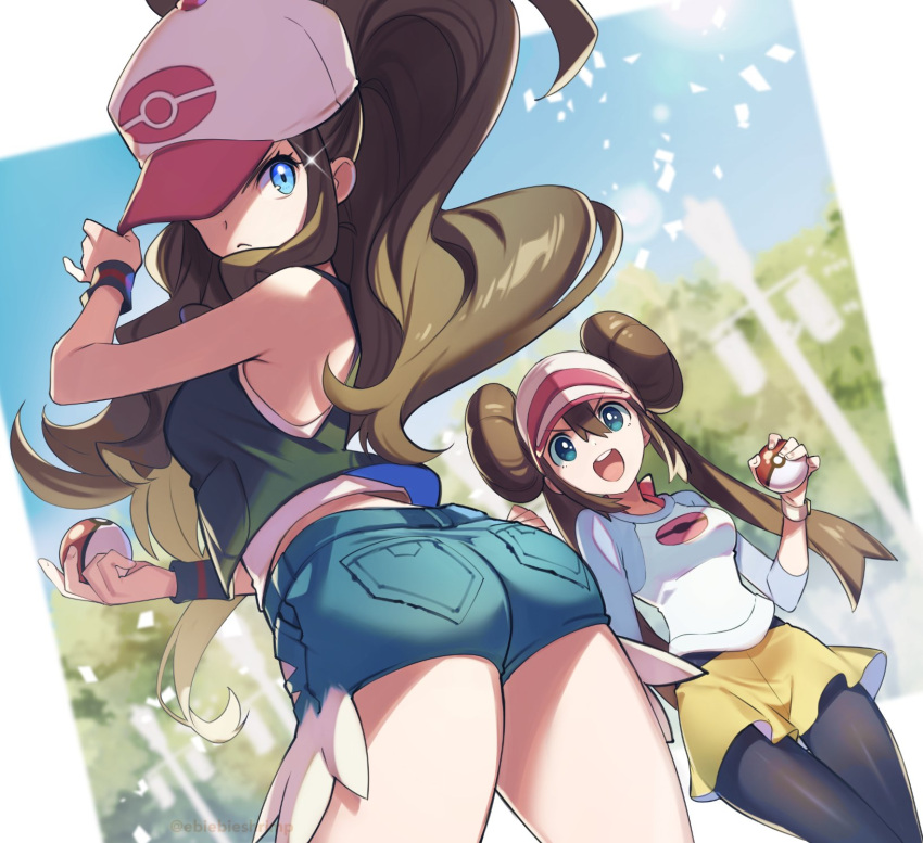 2girls ass baseball_cap black_legwear black_vest blue_eyes blue_shirt blue_shorts blue_sky breasts brown_hair commentary cowboy_shot day denim denim_shorts double_bun hair_between_eyes hat hat_over_one_eye highres hilda_(pokemon) holding holding_poke_ball light_particles long_hair looking_at_viewer medium_breasts midriff_peek miniskirt multiple_girls open_mouth outdoors pantyhose poke_ball poke_ball_(basic) poke_ball_print pokemon pokemon_(game) pokemon_bw pokemon_bw2 ponytail raglan_sleeves rosa_(pokemon) shirt short_shorts shorts shuri_(84k) skirt sky sleeveless sleeveless_shirt sparkle standing sweatband thighs torn_clothes torn_shorts tree twintails twisted_torso two-tone_shirt v-shaped_eyebrows vest visor_cap white_headwear white_shirt wristband yellow_skirt