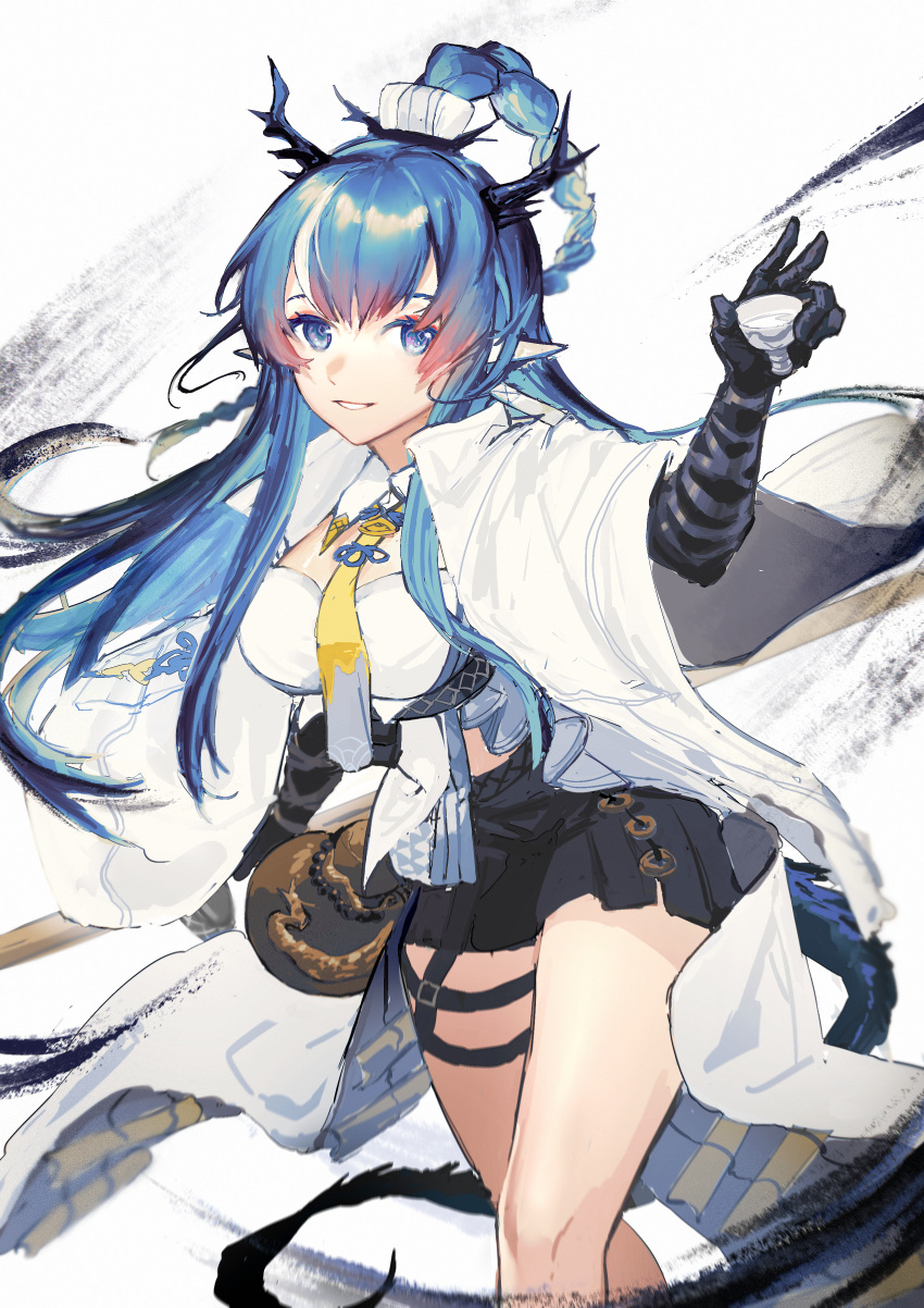 1girl absurdres arknights bangs black_gloves black_skirt blue_eyes blue_hair blush breasts coat cup dragon_horns elbow_gloves feet_out_of_frame gloves gourd gradient_hair highres holding holding_cup horns ink large_breasts leaning_forward ling_(arknights) long_hair long_sleeves looking_at_viewer mayfree miniskirt multicolored_hair necktie open_clothes open_coat parted_lips pointy_ears red_hair shirt simple_background skirt smile solo standing thighs very_long_hair white_background white_coat white_shirt wide_sleeves yellow_necktie