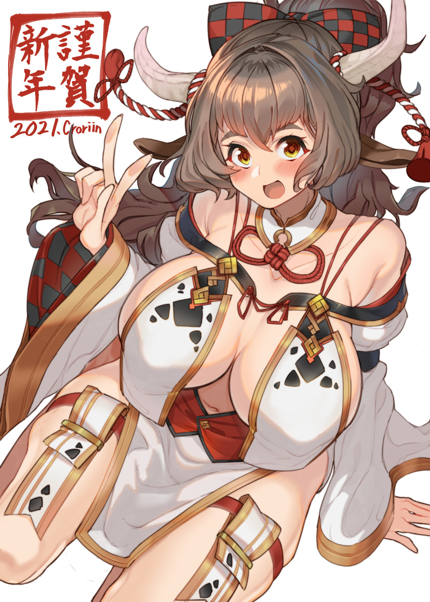 1girl 2021 absurdres animal_ears bangs breast_curtains breasts brown_hair cleavage cow_ears cow_girl cow_horns croriin detached_collar highres horns kouhaku_nawa large_breasts long_hair looking_at_viewer navel new_year original ribbon rope shimenawa simple_background sitting solo thigh_strap v white_background wide_sleeves yellow_eyes