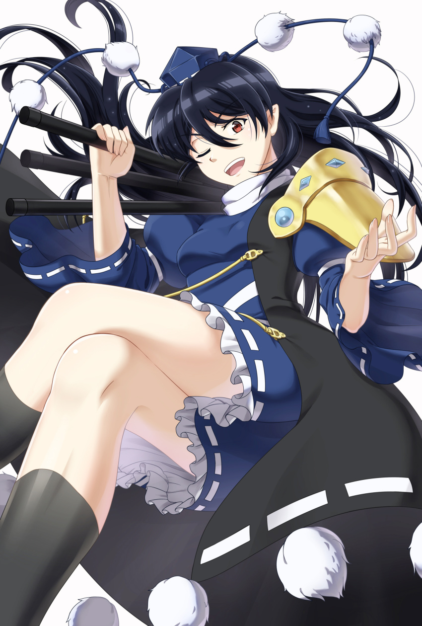 1girl absurdres black_coat black_legwear blue_dress blue_hair blue_headwear breasts coat commentary_request dress eyebrows_visible_through_hair fingernails frilled_dress frills gem gold hat highres holding_tripod iizunamaru_megumu juliet_sleeves kin-kun kneehighs long_coat long_hair long_sleeves medium_breasts one_eye_closed open_mouth pointy_ears pom_pom_(clothes) puffy_sleeves red_eyes ribbon-trimmed_dress ribbon-trimmed_sleeves ribbon_trim shoulder_guard simple_background sleeveless_coat tassel teeth tengu tokin_hat touhou tripod upper_teeth very_long_hair white_background