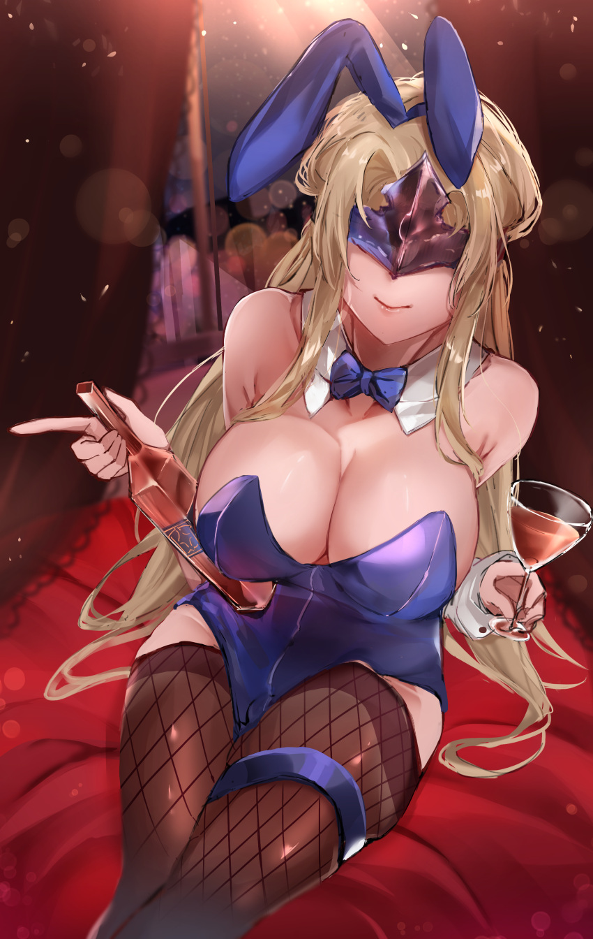 1girl absurdres alcohol alternate_costume animal_ears bare_shoulders blindfold blonde_hair bow bowtie breasts cleavage closed_mouth commentary contemporary covered_eyes crossed_legs cup dark_souls_(series) dark_souls_iii detached_collar drinking_glass english_commentary fake_animal_ears fire_keeper fishnet_legwear fishnets highres holding holding_cup large_breasts leotard lips long_hair mask masked pink_lips playboy_bunny purple_bow purple_leotard rabbit_ears sidelocks sitting smile solo strapless strapless_leotard very_long_hair wrist_cuffs yujieai