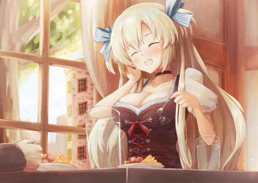 1girl ^_^ blonde_hair blue_bow blush bow breasts brown_choker brown_dress choker cleavage closed_eyes collarbone commission cup dirndl dress eyebrows_visible_through_hair food fork german_clothes hair_bow head_tilt highres holding holding_fork large_breasts liz_hohenstein long_hair muvluv muvluv_alternative open_mouth plate schwarzesmarken sitting skeb_commission smile solo_focus window yomitsuna
