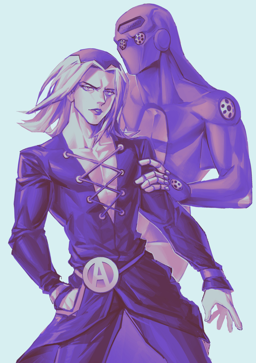 2boys absurdres hand_in_pocket hand_on_shoulder hat highres jojo_no_kimyou_na_bouken leone_abbacchio lipstick long_hair makeup male_focus mogloh1310 monochrome moody_blues_(stand) multiple_boys pectoral_cleavage pectorals plunging_neckline vento_aureo