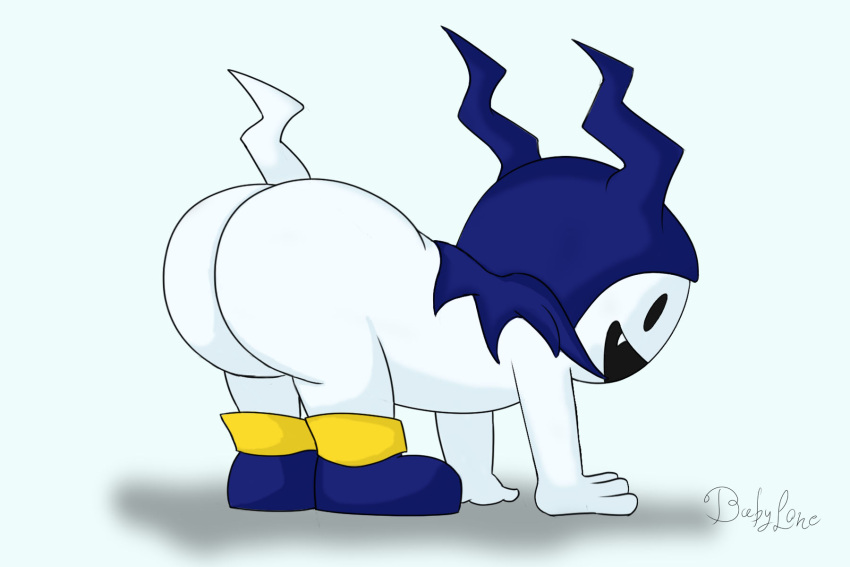 2021 anthro ass_up atlus big_butt butt clothing cute_fangs demon digital_media_(artwork) footwear hat headgear headwear hi_res imp jack_frost_(megami_tensei) male mammal megami_tensei mostly_nude open_mouth presenting presenting_hindquarters shoes simple_background solo unknown_artist video_games white_background white_body white_skin