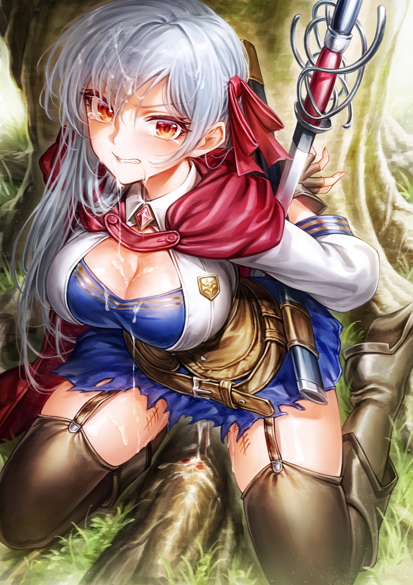 1girl arms_behind_back bangs belt blue_skirt boots bound bound_wrists breasts cape center_opening cleavage clenched_teeth commentary commission cum cum_in_mouth cum_on_body cum_on_breasts cum_on_clothes cum_on_hair cumdrip defloration eiyuu-ou_bu_wo_kiwameru_tame_tensei_su_~soshite_sekai_saikyou_no_minarai_kishi~ eyelashes facial gem glaring grass hair_ribbon highres inglis_eucus large_breasts long_hair long_sleeves looking_at_viewer orange_eyes oyu_udon parted_bangs parted_lips red_eyes red_ribbon ribbon scowl sidelocks silver_hair sitting skeb_commission skirt tears teeth thigh_boots thighhighs torn_clothes torn_skirt tree v-shaped_eyebrows wariza weapon