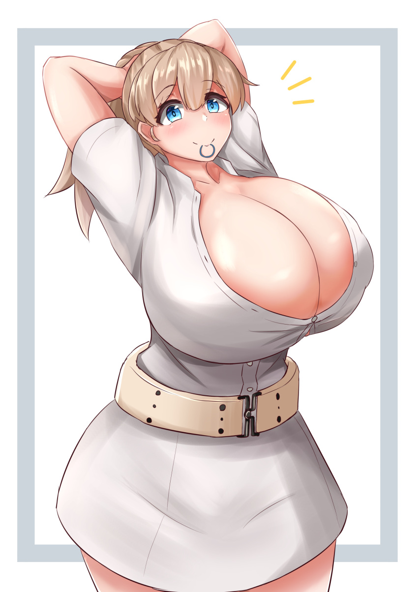 absurdres arms_behind_head belt blue_eyes blush breasts cleavage dress eyebrows_visible_through_hair highres huge_breasts in_mouth intrepid_(kancolle) kantai_collection light_brown_hair looking_at_viewer partially_unbuttoned ponytail short_sleeves simple_background sinape smile solo