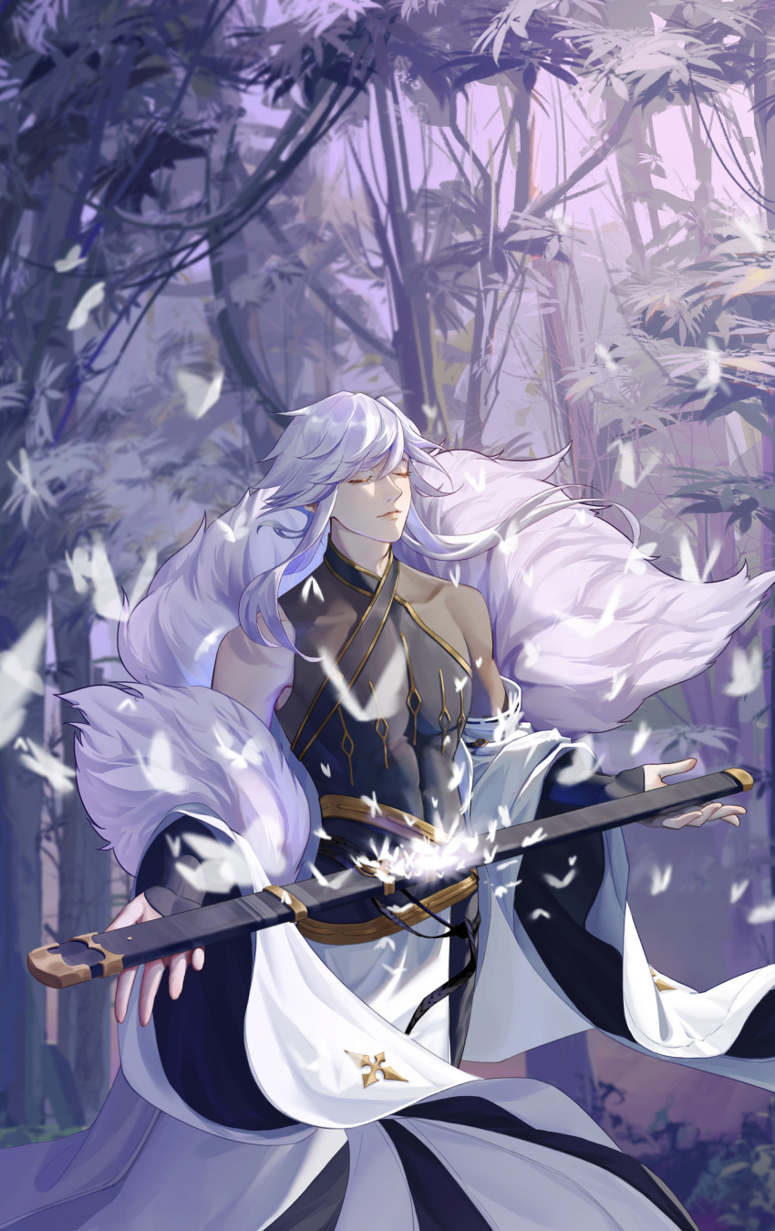 1boy absurdres bamboo bamboo_forest bangs black_bodysuit black_gloves bodysuit chinese_commentary closed_eyes closed_mouth coat commentary facing_to_the_side feet_out_of_frame fingerless_gloves forest fur_trim gloves gold_trim highres holding holding_sword holding_weapon kyoku_ryuushou_(masterwork_apocalypse) lips liz_ximu long_hair long_sleeves male_focus masterwork_apocalypse nature outdoors plant sheath sheathed sidelocks sleeveless sleeveless_bodysuit solo standing sword weapon white_coat white_hair white_sleeves wide_sleeves