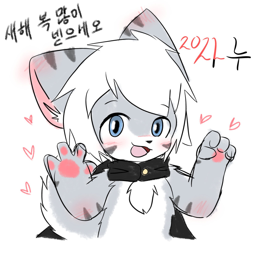 &lt;3 4_fingers anthro blue_eyes canid canine canis cape chano_(character) clothing daww fingers fur grey_body grey_fur hair happy hi_res korean_text looking_at_viewer male mammal multicolored_body open_mouth pawpads paws simple_background solo striped_body stripes text tringa white_background white_body white_fur white_hair wolf