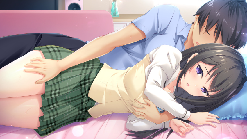 1boy 1girl arima_kyouya ayase_satsuki bed_sheet black_hair black_pants blue_shirt blush boku_no_mirai_wa_koi_to_kakin_to breast_grab breasts closed_eyes collared_shirt couple game_cg grabbing grabbing_from_behind green_skirt hair_intakes highres indoors lens_flare long_hair long_sleeves lying miniskirt nironiro on_side open_mouth pants plaid plaid_skirt pleated_skirt purple_eyes shiny shiny_hair shirt short_hair skirt small_breasts vest white_shirt wing_collar yellow_vest