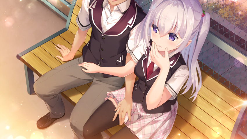 1boy 1girl asamori_mitsuki bangs black_legwear black_vest blush boku_no_mirai_wa_koi_to_kakin_to breasts closed_mouth couple covering_mouth day eyebrows_visible_through_hair food-themed_hair_ornament game_cg grey_pants hair_between_eyes hair_ornament hand_over_own_mouth head_out_of_frame hetero highres long_hair medium_breasts miniskirt necktie nironiro outdoors pants plaid plaid_skirt pleated_skirt purple_eyes red_necktie school_uniform shiny shiny_hair shirt short_sleeves silver_hair sitting_on_bench skirt strawberry_hair_ornament thighhighs twintails very_long_hair vest white_shirt white_skirt