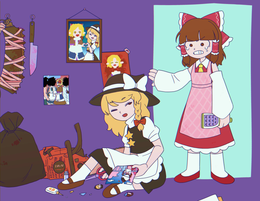 2girls apron bangs black_headwear black_vest blonde_hair blood blood_on_weapon bloodborne bow braid brown_eyes brown_footwear brown_hair chainsaw clenched_teeth collared_shirt commentary cookie_(touhou) detached_sleeves eyebrows_visible_through_hair frilled_bow frilled_hair_tubes frilled_shirt frills full_body glue grater hair_bow hair_tubes hakurei_reimu hat hat_bow heart heart_hands heart_hands_duo highres hita_(hizokuseikogeki) holding izayoi_sakuya joker_(cookie) kirisame_marisa knife long_hair looking_at_another manatsu_no_yo_no_inmu mizuhashi_parsee multiple_girls necktie one_eye_closed open_mouth photo_(object) pink_apron red_bow red_footwear red_shirt red_skirt rurima_(cookie) ryuuga_(cookie) saw_cleaver scissors shirt shoes side_braid single_braid sitting skirt sleeveless sleeveless_shirt socks standing star_(symbol) suzu_(cookie) tape teeth touhou trash_bag vest weapon white_bow white_legwear white_sleeves witch_hat yellow_necktie