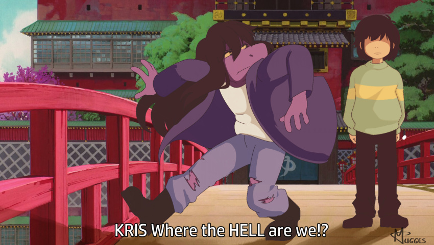 2021 anthro bottomwear clothed clothing deltarune dinosaur duo english_text female ghibli hair hi_res human humor kris_(deltarune) kris_where_are_we long_hair male mammal meme mugges obscured_eyes pants purple_body reptile scalie screencap screencap_background signature spirited_away susie_(deltarune) text torn_bottomwear torn_clothing torn_pants undertale_(series) video_games