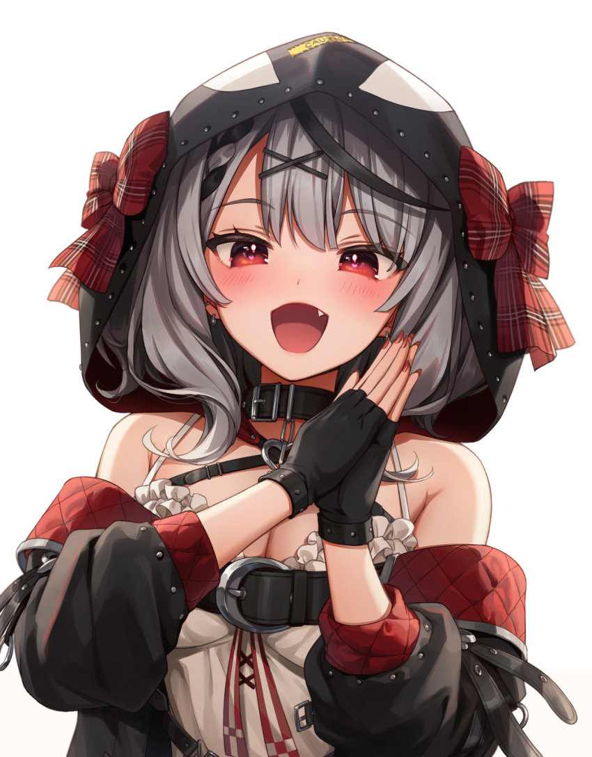 :d akabino bare_shoulders belt black_belt black_gloves black_hair black_jacket blush bow breasts camisole check_commentary choker cleavage commentary commentary_request eyebrows_visible_through_hair eyes_visible_through_hair fang fingerless_gloves frills gloves hair_ornament highres hololive hood jacket large_breasts looking_at_viewer medium_hair multicolored_hair off-shoulder_jacket off_shoulder orca_hood own_hands_together red_bow red_eyes red_nails sakamata_chloe silver_hair smile streaked_hair virtual_youtuber white_background white_camisole x_hair_ornament