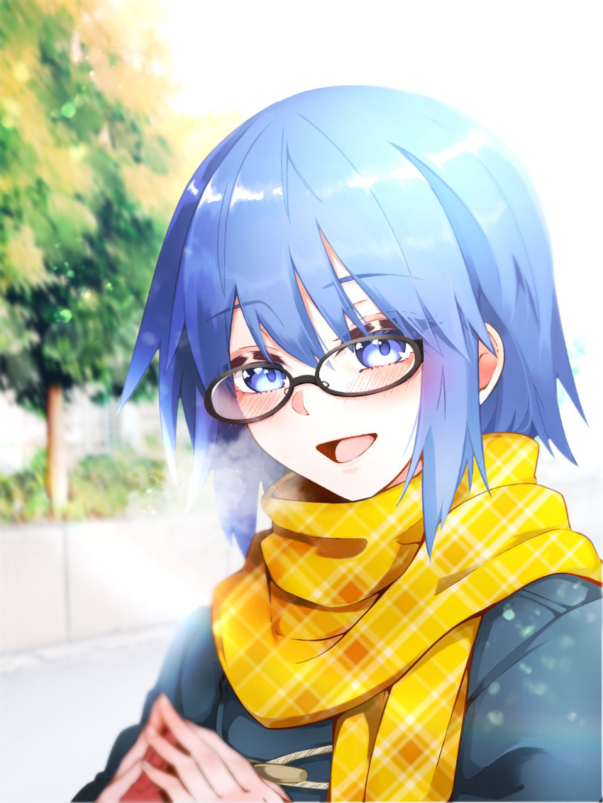 1girl bangs black-framed_eyewear blue_coat blue_eyes blue_hair blush breath ciel_(tsukihime) coat commentary_request eyebrows_visible_through_hair glasses hair_between_eyes highres live_unyanya looking_at_viewer open_mouth outdoors own_hands_together scarf short_hair sidelocks smile solo tongue tree tsukihime tsukihime_(remake) upper_body winter_clothes yellow_scarf