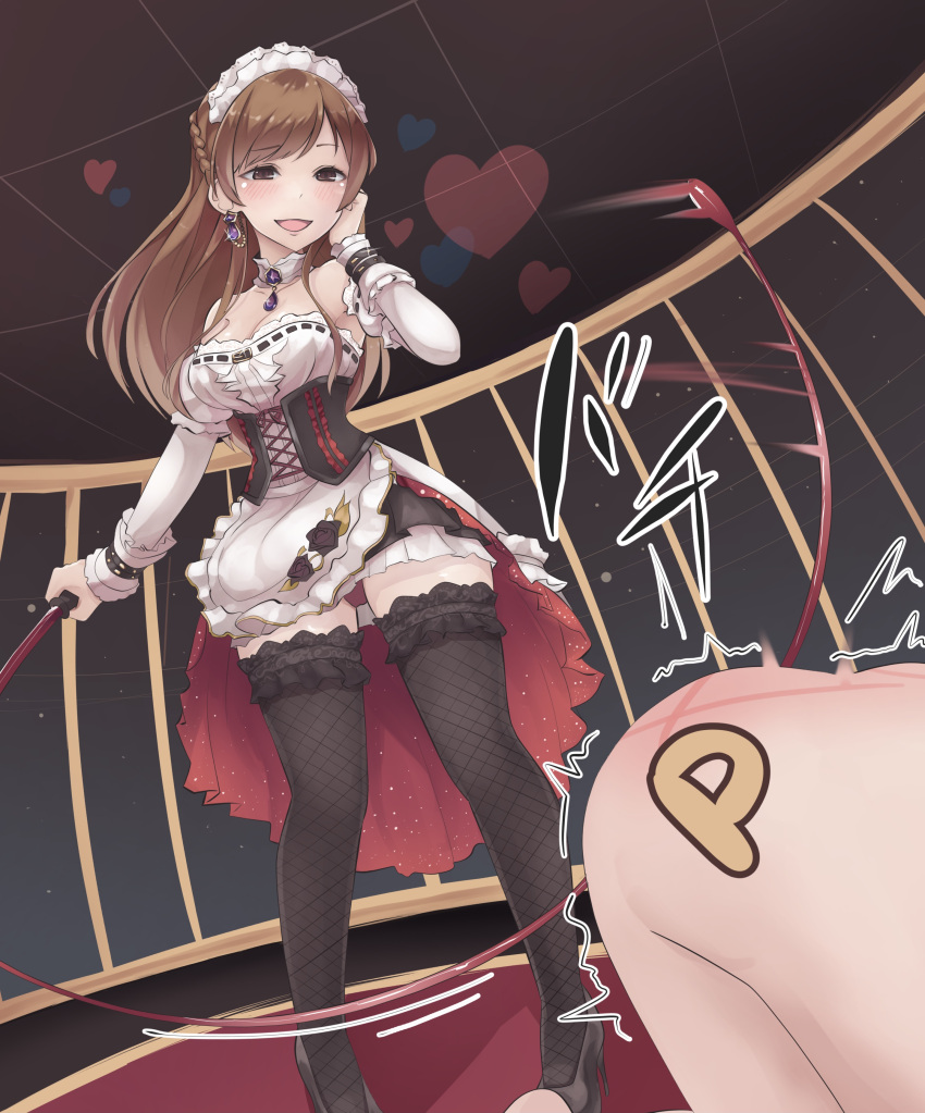 1boy 1girl :d absurdres ass bdsm blush breasts brown_eyes brown_hair clothing_request collar corset femdom frills heart hetero highres holding holding_whip idolmaster idolmaster_cinderella_girls kikiu_bd long_hair long_sleeves maid_headdress nitta_minami producer_(idolmaster) sadism smile thighhighs top-down_bottom-up whip whip_marks