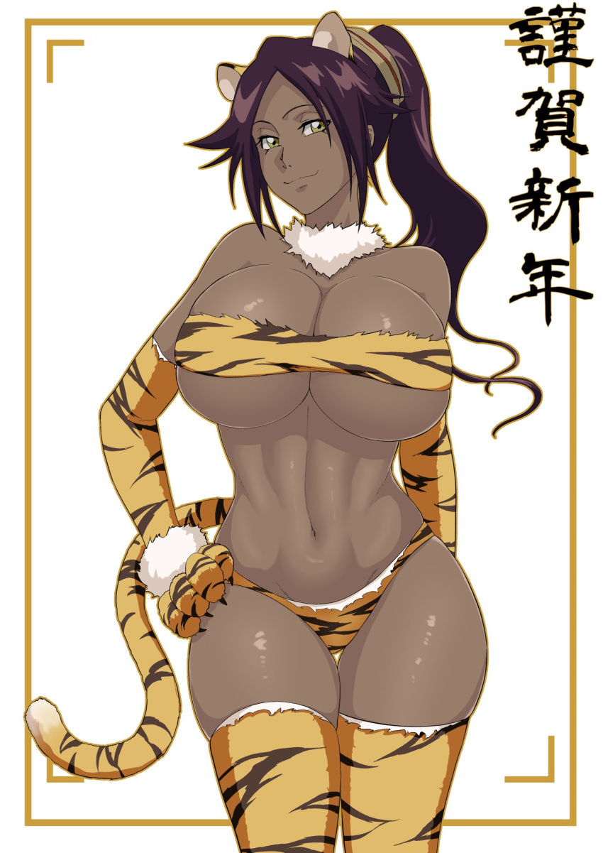 1girl animal_ears animal_print bleach breasts dark_skin elbow_gloves gloves highres iwao178 large_breasts long_hair looking_at_viewer ponytail purple_hair shihouin_yoruichi shiny shiny_skin smile standing tail thighhighs tiger_ears tiger_print tiger_tail yellow_eyes