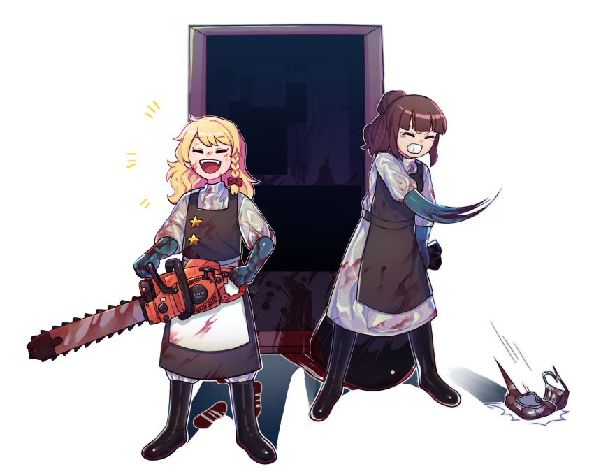 2girls apron bangs black_apron black_footwear black_skirt black_vest blonde_hair blood blood_on_clothes blood_on_face blood_on_weapon blood_trail blue_gloves blunt_bangs boots bow braid brown_hair chainsaw closed_eyes commentary_request cookie_(touhou) door footprints full_body gloves hair_bow hakurei_reimu highres hita_(hizokuseikogeki) holding holding_chainsaw kirisame_marisa laughing long_hair long_sleeves mask medium_hair mouth_mask multiple_girls open_mouth ponytail red_bow rubber_gloves rurima_(cookie) shirt side_braid single_braid skirt smile standing star_(symbol) suzu_(cookie) throwing touhou transparent_background trash_bag vest waist_apron weapon white_apron white_shirt