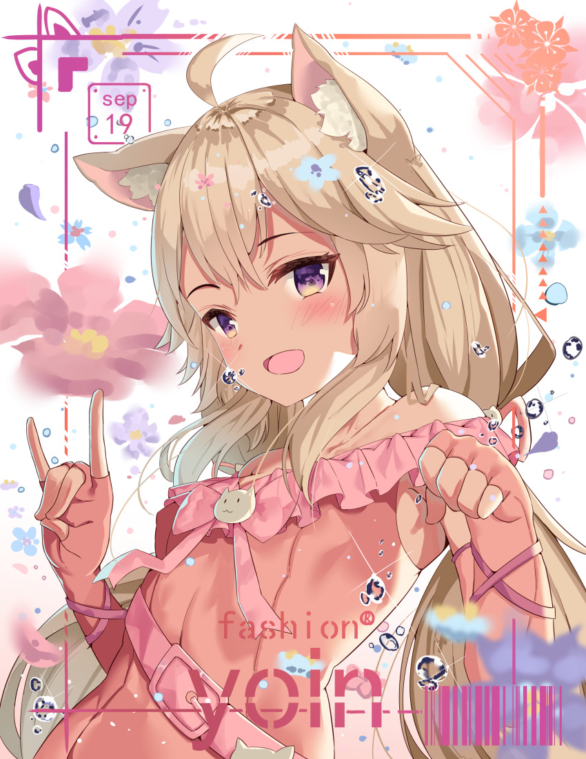 1girl :d \n/ absurdres ahoge animal_ear_fluff animal_ears bangs blush bow_dress cat_ears cat_girl cat_ornament dress elbow_gloves eyebrows_visible_through_hair fingerless_gloves frilled_dress frills gloves hair_between_eyes hair_ornament hair_over_shoulder hands_up highres light_brown_hair long_hair off_shoulder original paw_pose pink_dress pink_gloves purple_eyes qiuyueruona smile solo title_page twintails upper_body