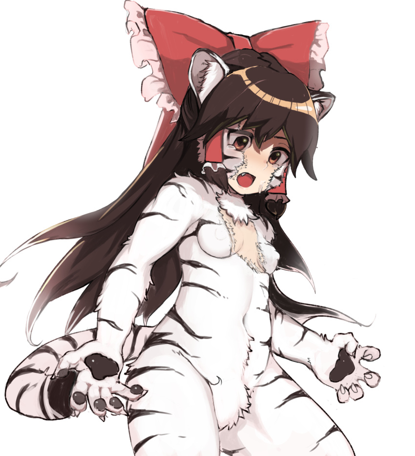 2022 alternate_species breasts brown_hair felid female fingerpads fur hair hi_res human human_to_anthro inner_ear_fluff long_hair low-angle_view mammal navel nipples nude open_mouth pawpads reimu_hakurei simple_background solo species_transformation striped_body stripes toribako touhou transformation tuft video_games white_background white_body white_fur