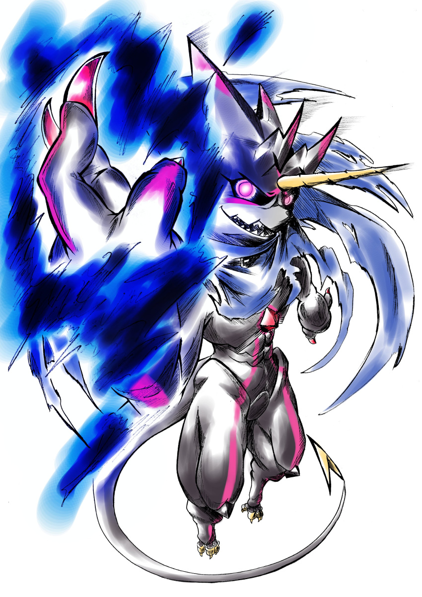 absurd_res anthro bandai_namco black_body blue_fire claws colored_fire digimon digimon_ghost_game fire glowing glowing_eyes grusgammamon h_ero1kku hi_res horn male muscular_legs scalie sharp_claws sharp_teeth solo stinger stinger_tail talons teeth