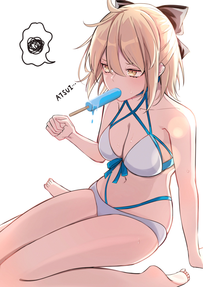 1girl absurdres ahoge barefoot bikini black_bow bow collarbone commentary_request fate/grand_order fate_(series) food hair_between_eyes hair_bow highleg highleg_bikini highres layered_bikini medium_hair multi-strapped_bikini navel nigori_(keydoor) okita_j._souji_(fate) okita_souji_(fate) popsicle popsicle_in_mouth soles sweat swimsuit translated white_background white_bikini yellow_eyes