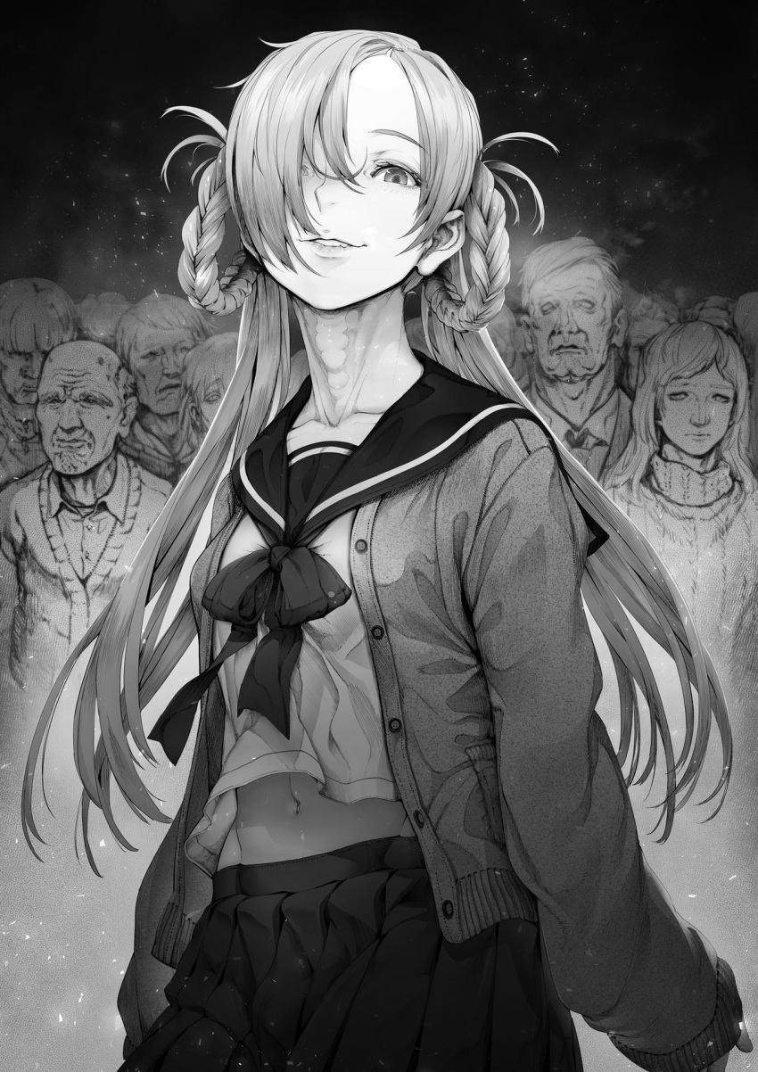 braid greyscale hair_rings highres liver_spots looking_at_viewer monochrome multiple_boys multiple_girls navel novel_illustration official_art old old_man one_eye_covered sailor_collar school_uniform shirakaba skirt smile sweater twintails urasekai_picnic urumi_luna