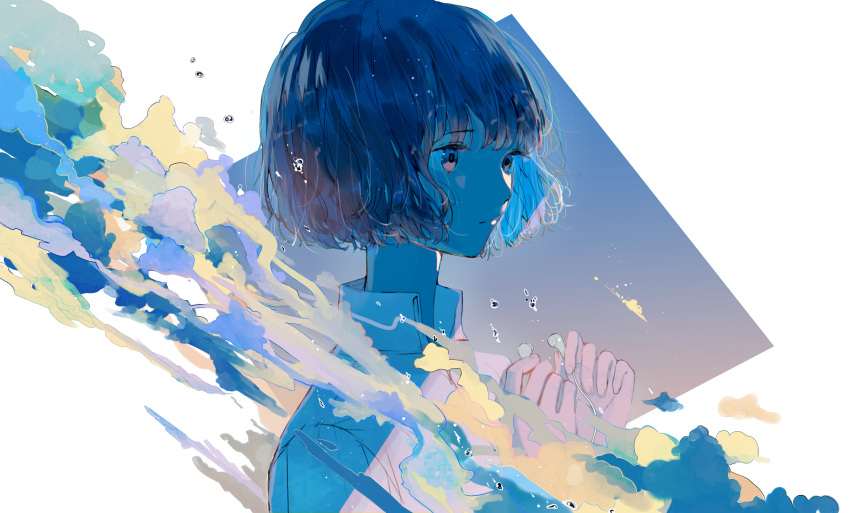 1girl absurdres blue_background blue_theme bob_cut closed_mouth cloud collared_shirt commentary earbuds earphones eyebrows_visible_through_hair hagimorijia hands_up highres original shirt short_hair solo surreal symbol-only_commentary upper_body white_background