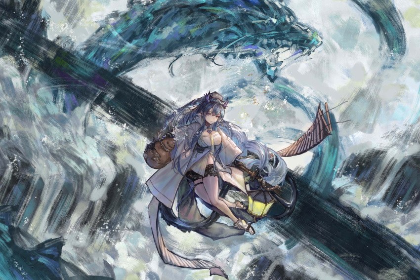 1girl absurdres ankle_boots arknights bare_shoulders black_shorts blue_hair boots braid breasts coat commentary_request dragon dragon_girl dragon_horns dragon_tail highres horns lantern large_breasts ling_(arknights) long_hair long_sleeves looking_at_viewer midair multicolored_hair necktie open_clothes open_coat parted_lips realpha shirt short_shorts shorts solo streaked_hair tail thigh_strap two-tone_hair very_long_hair water waterfall white_coat white_footwear white_hair white_shirt wide_shot wide_sleeves yellow_necktie