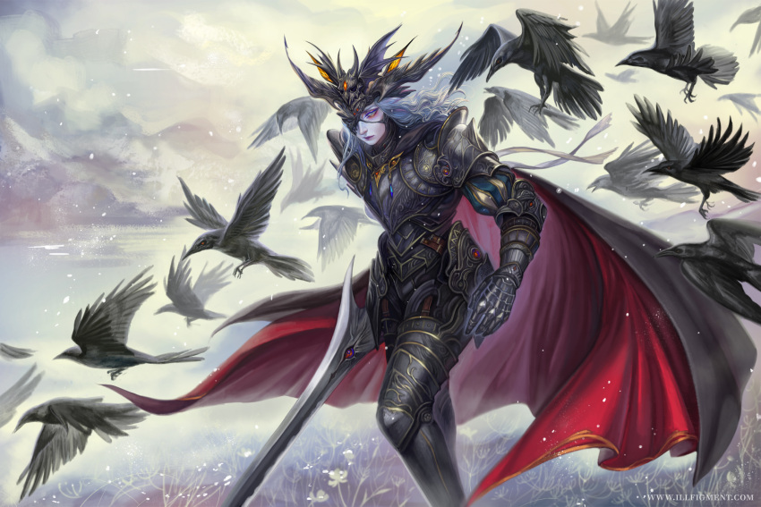 1girl animal armor artist_name bird black_armor black_cape blue_eyes blue_eyeshadow breastplate cape cloud crow eyeshadow fantasy flower flying fog gauntlets greaves grey_hair half_mask helmet highres holding holding_sword holding_weapon light_blue_eyes light_particles living_weapon looking_at_viewer makeup mask mountain multicolored_cape multicolored_clothes multicolored_hair orange_eyeshadow original outdoors pale_skin parted_lips pauldrons purple_hair purple_lips red_cape red_eyes red_pupils shoulder_armor striped sword vambraces vusc water weapon