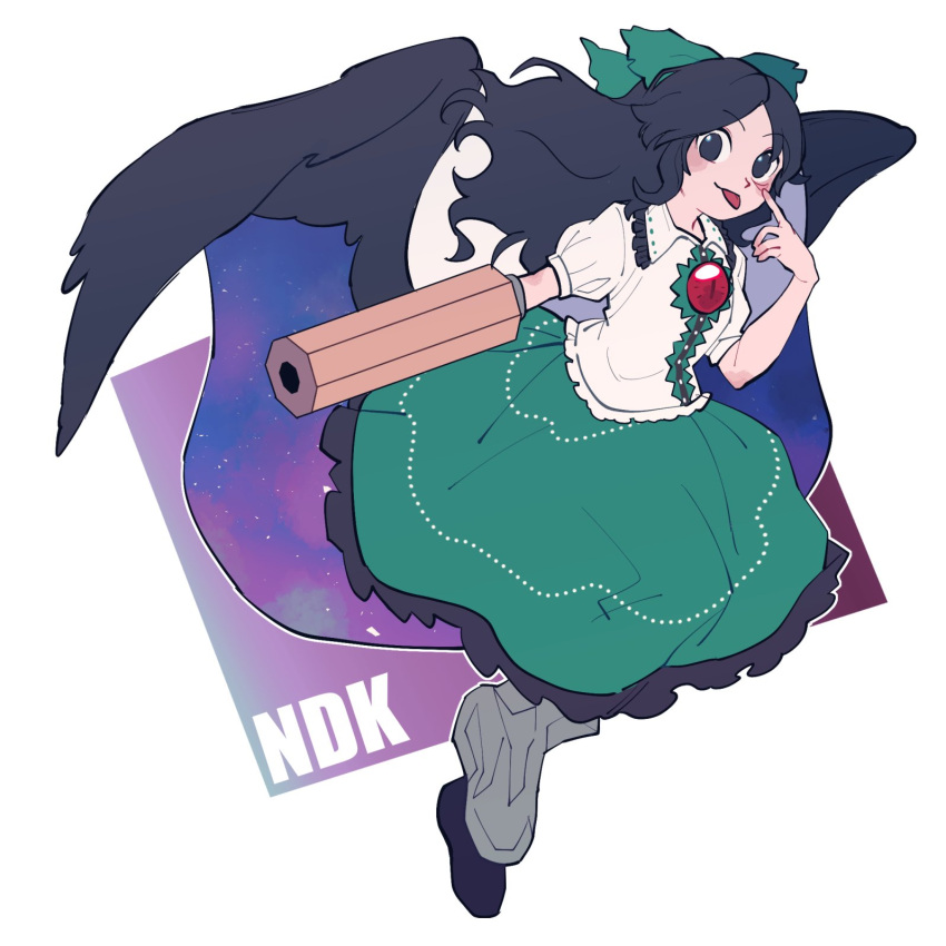 1girl akanbe arm_cannon asymmetrical_footwear bangs bird_wings black_hair black_wings blush bow buttons cape character_name closed_mouth collared_shirt commentary control_rod cookie_(touhou) eyebrows_visible_through_hair frilled_shirt_collar frilled_skirt frills full_body green_bow green_skirt hair_bow highres hita_(hizokuseikogeki) long_hair looking_at_viewer mismatched_footwear nadeko_(cookie) puffy_short_sleeves puffy_sleeves reiuji_utsuho shirt short_sleeves skirt smile solo starry_sky_print third_eye tongue tongue_out touhou weapon white_background white_cape white_shirt wings