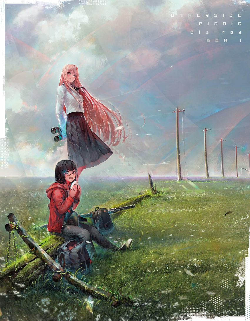 2girls backpack bag binoculars blonde_hair blu-ray_cover blue_skirt brown_hair cover food glowing glowing_eye grass heterochromia highres hood hoodie kamikoshi_sorawo multiple_girls nishina_toriko official_art onigiri outdoors red_hoodie shirakaba skirt sky urasekai_picnic utility_pole