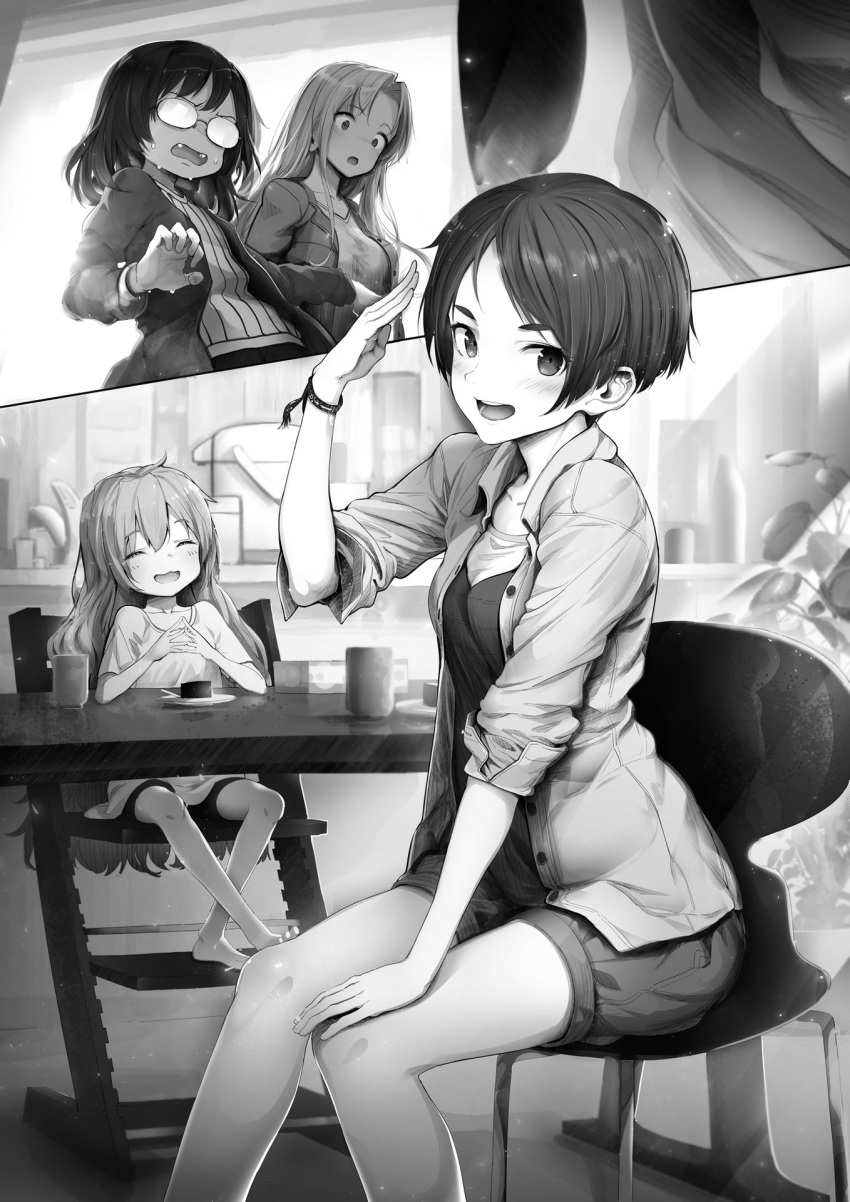 4girls chair cup glasses greyscale hand_on_own_knee highres kamikoshi_sorawo kozakura_(urasekai_picnic) monochrome multiple_girls nishina_toriko novel_illustration official_art salute seto_akari shirakaba short_hair sitting smile table urasekai_picnic