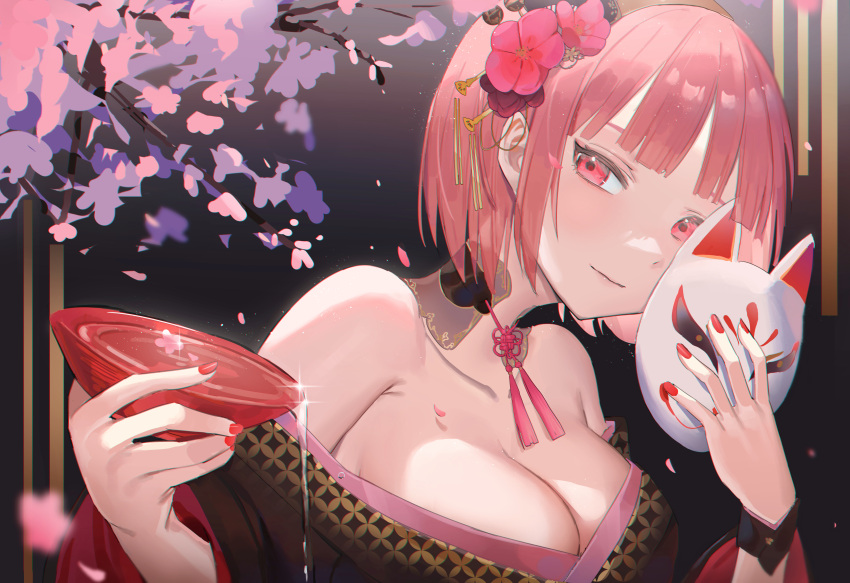 1girl absurdres black_background black_kimono bob_cut breasts cleavage close-up commentary cup detached_collar english_commentary flower fox_mask gurina hair_flower hair_ornament highres holding holding_cup holding_mask hololive hololive_english japanese_clothes kimono lace-trimmed_collar lace_trim large_breasts looking_at_viewer mask mori_calliope off-shoulder_kimono petals pink_flower pink_hair red_eyes sakazuki short_hair simple_background smile solo virtual_youtuber