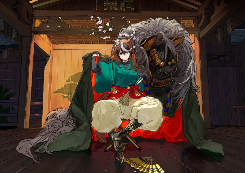 1girl absurdres alternate_costume animal_ears armor baggy_pants bangs bodysuit branch brown_hair closed_mouth commentary flower folding_fan folding_stool full_body green_kimono hand_fan highres horse_ears horse_girl horse_tail itou_(golem_inc) japanese_armor japanese_clothes kimono lion_dance long_hair looking_at_viewer multicolored_hair night outdoors pants sandals sash shide shishimai sitting smile solo streaked_hair suneate symboli_rudolf_(umamusume) tail umamusume wide_sleeves