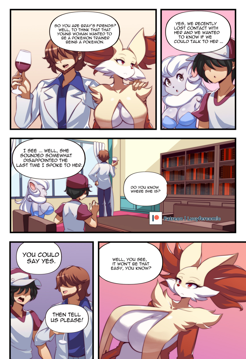 alcohol anthro beverage black_hair blue_clothing blue_dress brown_hair cinccino clothing coat comic container cup delphox detailed_background dress drinking_glass female fur glass glass_container glass_cup group hair hi_res human inner_ear_fluff inside lab_coat lucyfercomic male mammal nintendo pok&eacute;mon pok&eacute;mon_(species) pok&eacute;mon_trainer red_body red_eyes red_fur serious_face tan_body tan_fur topwear tuft video_games white_body white_fur