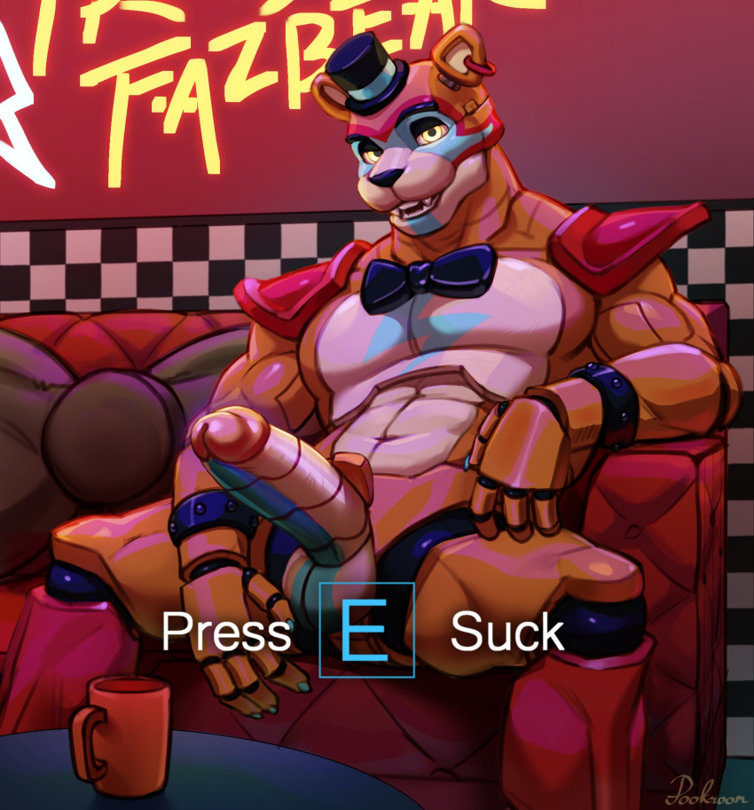 2022 abs animatronic anthro armband balls biceps big_penis bow_tie claws clothing coffee_mug ear_piercing ear_ring english_text erection eyebrows facial_markings five_nights_at_freddy's five_nights_at_freddy's:_security_breach furniture gameplay_mechanics genitals glamrock_freddy_(fnaf) hat head_markings headgear headwear hi_res humanoid_genitalia humanoid_penis inside looking_at_viewer machine male mammal markings muscular muscular_anthro muscular_male navel nude on_sofa pecs penis piercing poofroom robot scottgames shoulder_pads signature sitting smile sofa solo table teeth text top_hat ursid video_games