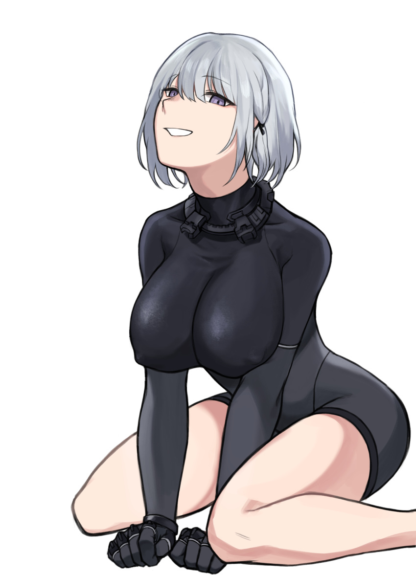 1girl badnick69_(camchi) bangs black_bodysuit bodysuit breasts covered_nipples eyebrows_visible_through_hair full_body girls'_frontline hair_ornament hairclip hands_on_floor highres large_breasts looking_at_viewer on_floor open_mouth purple_eyes rpk-16_(girls'_frontline) short_hair silver_hair smile solo teeth thighs white_background