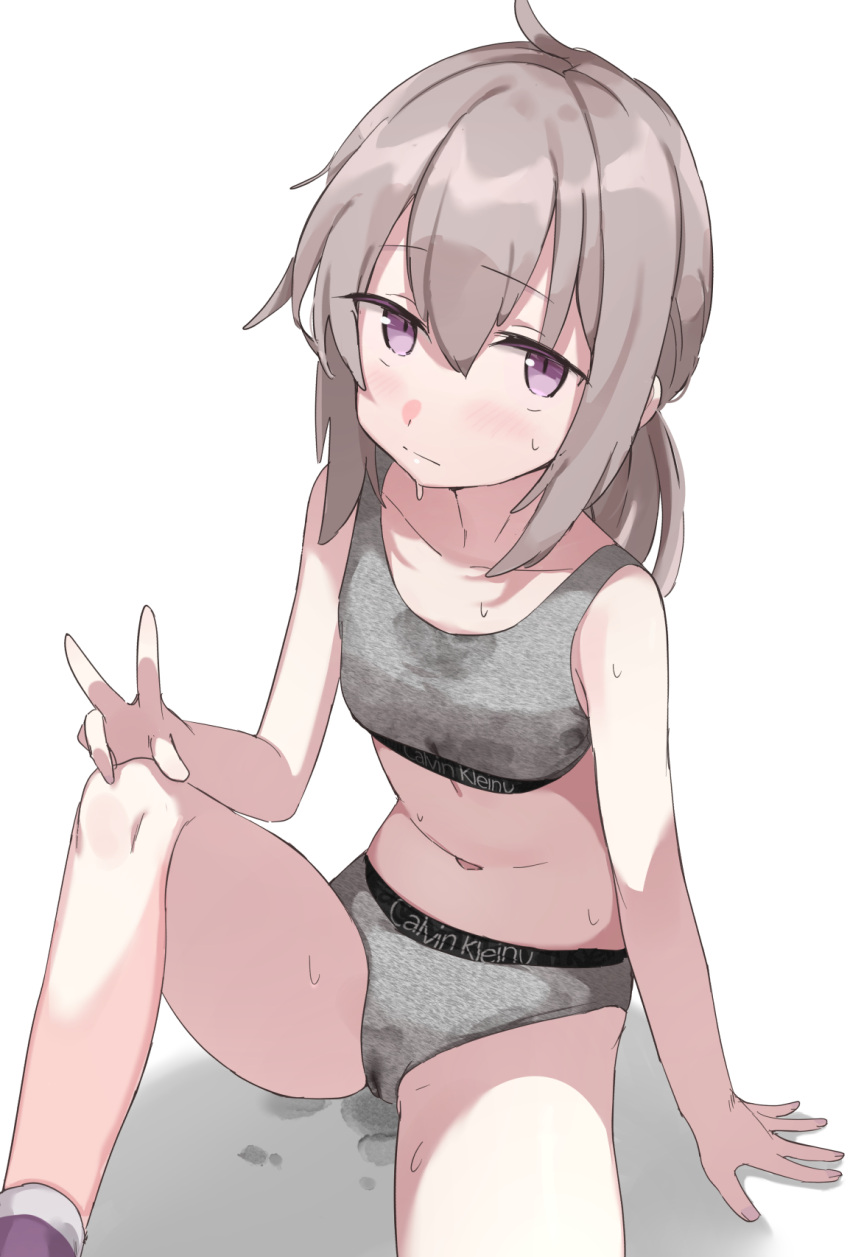 1girl ahoge breasts calvin_klein cameltoe commentary_request girls'_frontline grey_hair hand_on_own_knee highres knee_up m200_(girls'_frontline) midriff navel purple_eyes sabashi simple_background sitting small_breasts socks solo sports_bra sweat underwear v white_background