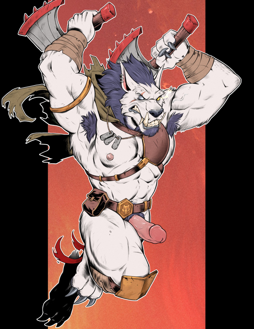 2022 abs amber_eyes anthro armband armpit_hair axe badcoyote balls belt biceps blind_eye blizzard_entertainment blue_hair body_hair canid claws digitigrade ear_piercing ear_ring erection eye_scar facial_hair facial_scar fangs finger_claws fur genitals hair harness hi_res holding_object holding_weapon humanoid_genitalia humanoid_penis knee_pads male mammal melee_weapon muscular muscular_anthro muscular_male nipples open_mouth pecs penis piercing pubes quads scar sharp_teeth solo teeth toe_claws triceps vein veiny_penis video_games warcraft weapon were werecanid white_body white_fur worgen wraps wrist_wraps