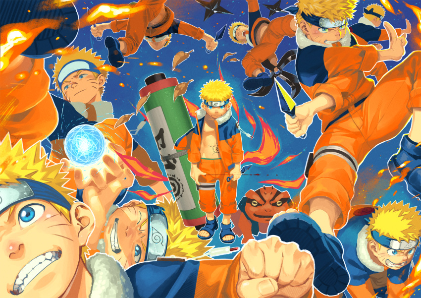 1boy blonde_hair blood blue_eyes child commentary_request facial_mark forehead_protector highres holding holding_weapon male_focus multiple_boys naruto naruto_(series) ninja open_mouth shigeru_(shounen_zoom) smile solo_focus spiked_hair stomach_tattoo tattoo teeth uzumaki_naruto weapon