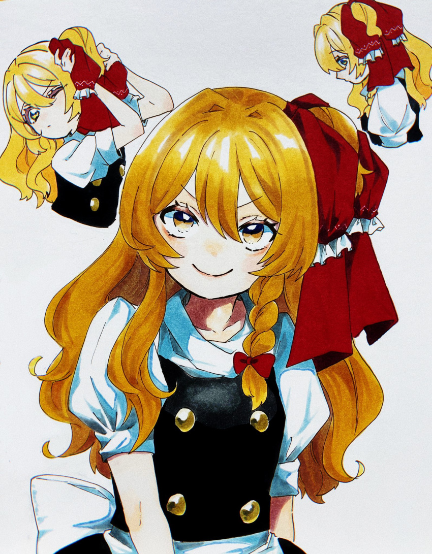 1girl alternate_hairstyle apron black_dress blonde_hair bow braid buttons dress hair_bow highres juliet_sleeves kirisame_marisa long_hair long_sleeves multiple_persona no_hat no_headwear one_side_up puffy_sleeves red_bow short_sleeves side_braid simple_background single_braid smile solo touhou uchisaki_himari waist_apron white_background white_bow yellow_eyes