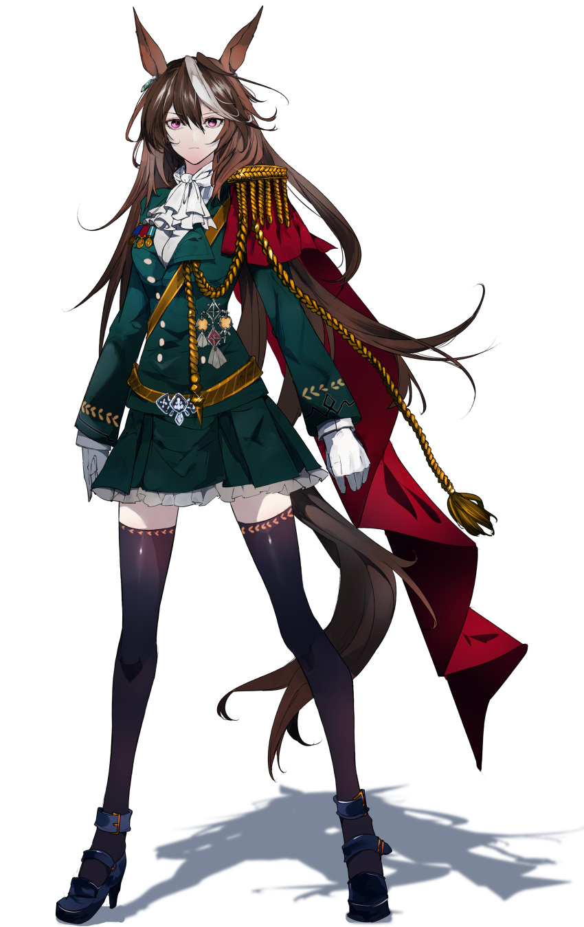 1girl :| absurdres animal_ears armor ascot bangs belt black_footwear black_legwear brown_eyes buttons cape closed_mouth commentary_request double-breasted dress ear_tag earrings expressionless full_body gloves green_dress hair_between_eyes high_heels highres horse_ears horse_tail ikurauni jewelry long_hair long_sleeves looking_at_viewer medal multicolored_hair pauldrons red_cape rope shadow shoulder_armor simple_background single_pauldron sketch solo standing streaked_hair symboli_rudolf_(umamusume) tail thighhighs umamusume very_long_hair white_ascot white_background white_gloves